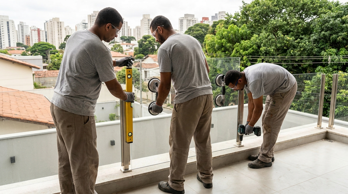 Guarda-corpo em terraço alto com vista cidade em Canoas-RS
